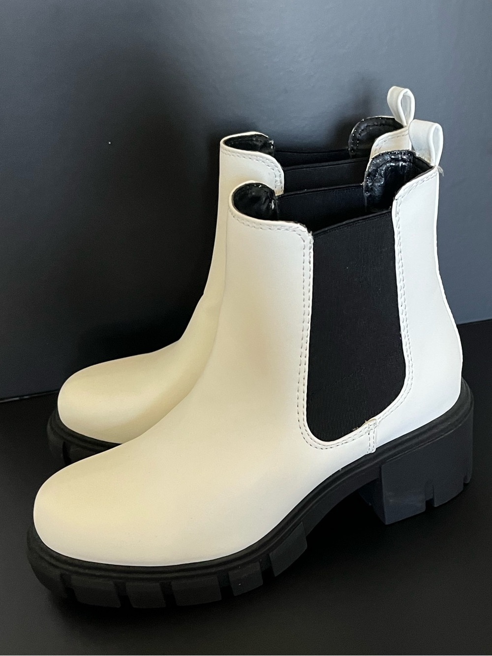 Madden Girl White Chelsea Lug Booties with Black Elastic